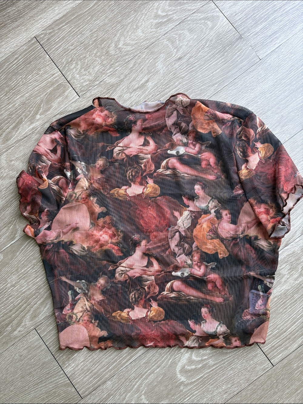 Sheer Baroque Print Short Sleeve Top -  crop Pink/Brown